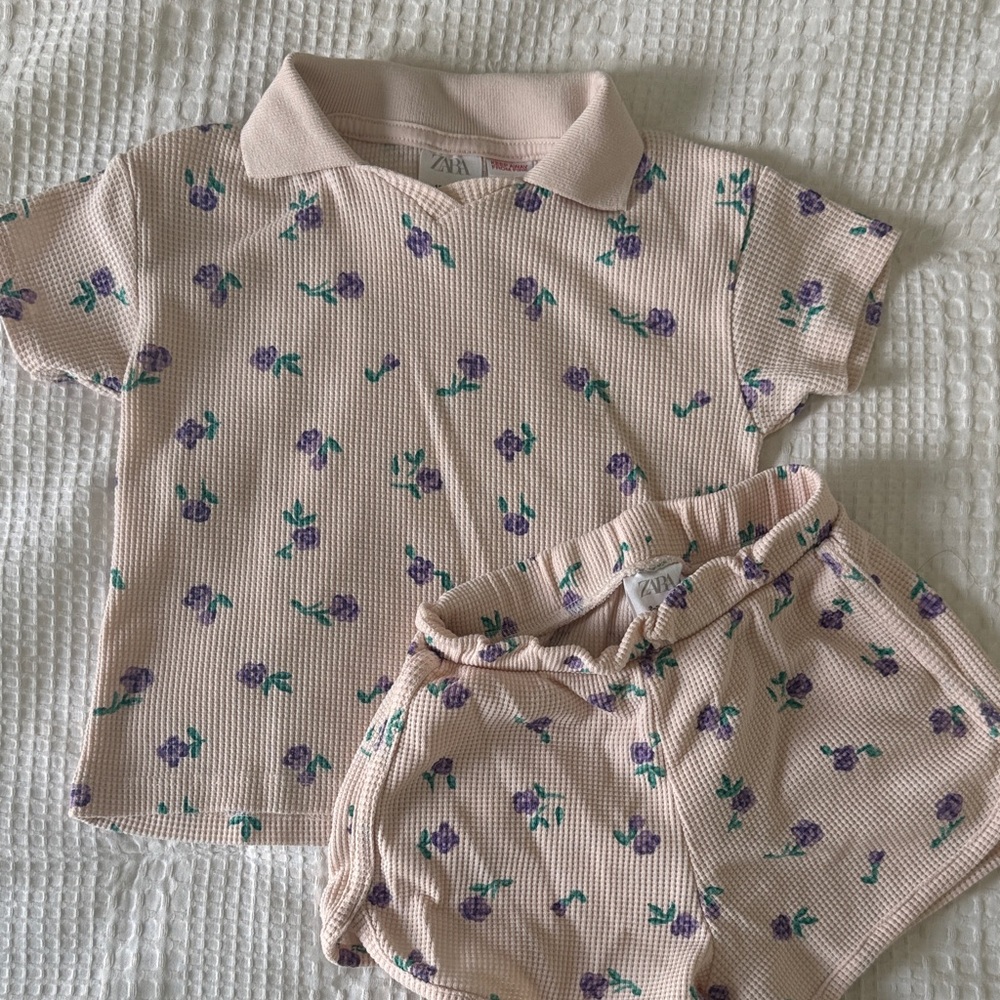 Zara Kids Pink Floral Waffle Knit Polo Top & Shorts Set